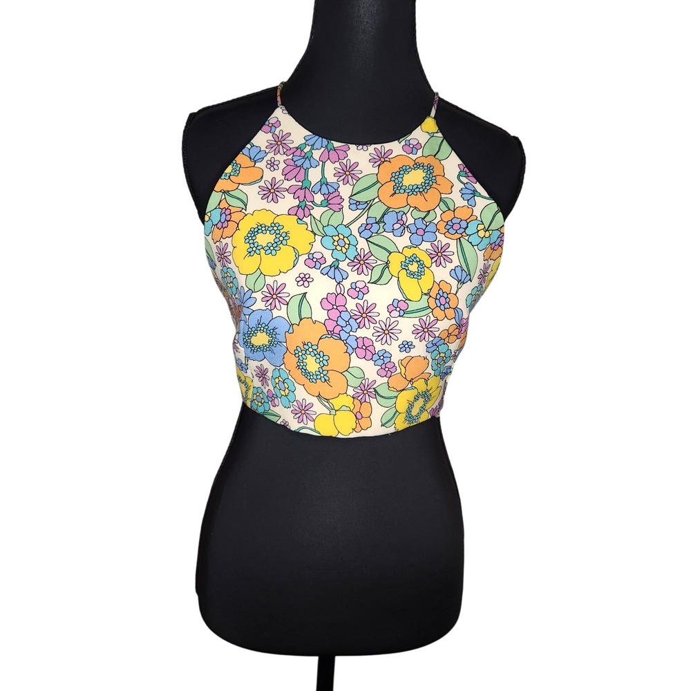 ZARA Backless Cropped Top Tie-back Tank Halter Floral Retro Boho Hippie S